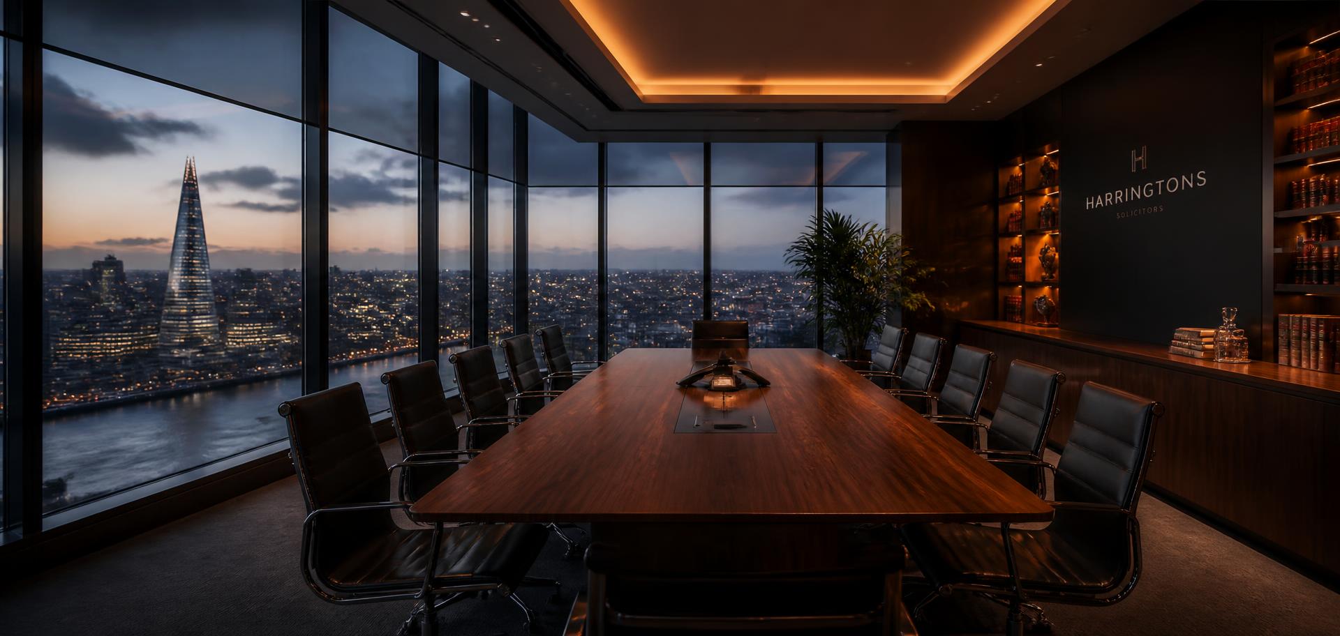 A law firm boardroom at dusk overlooking the city