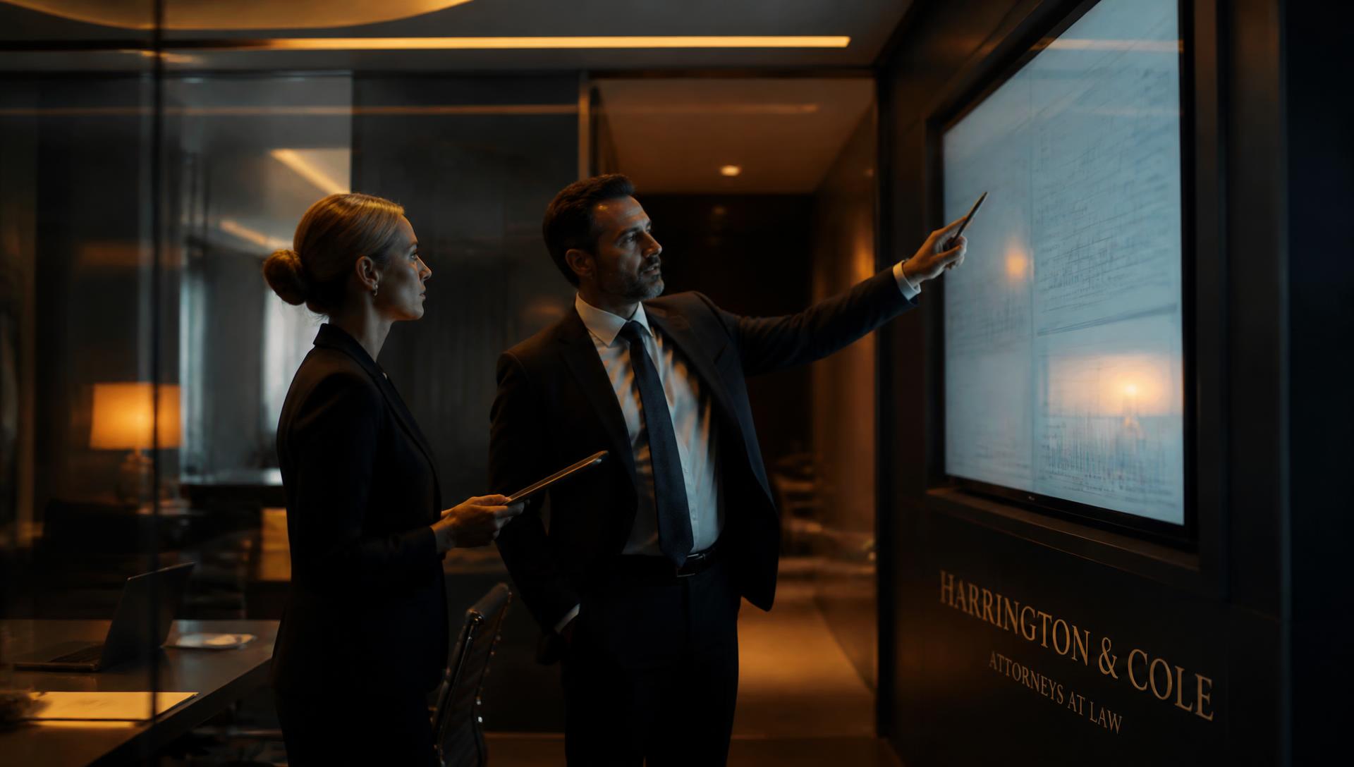 Two solicitors reviewing search visibility on a meeting room screen