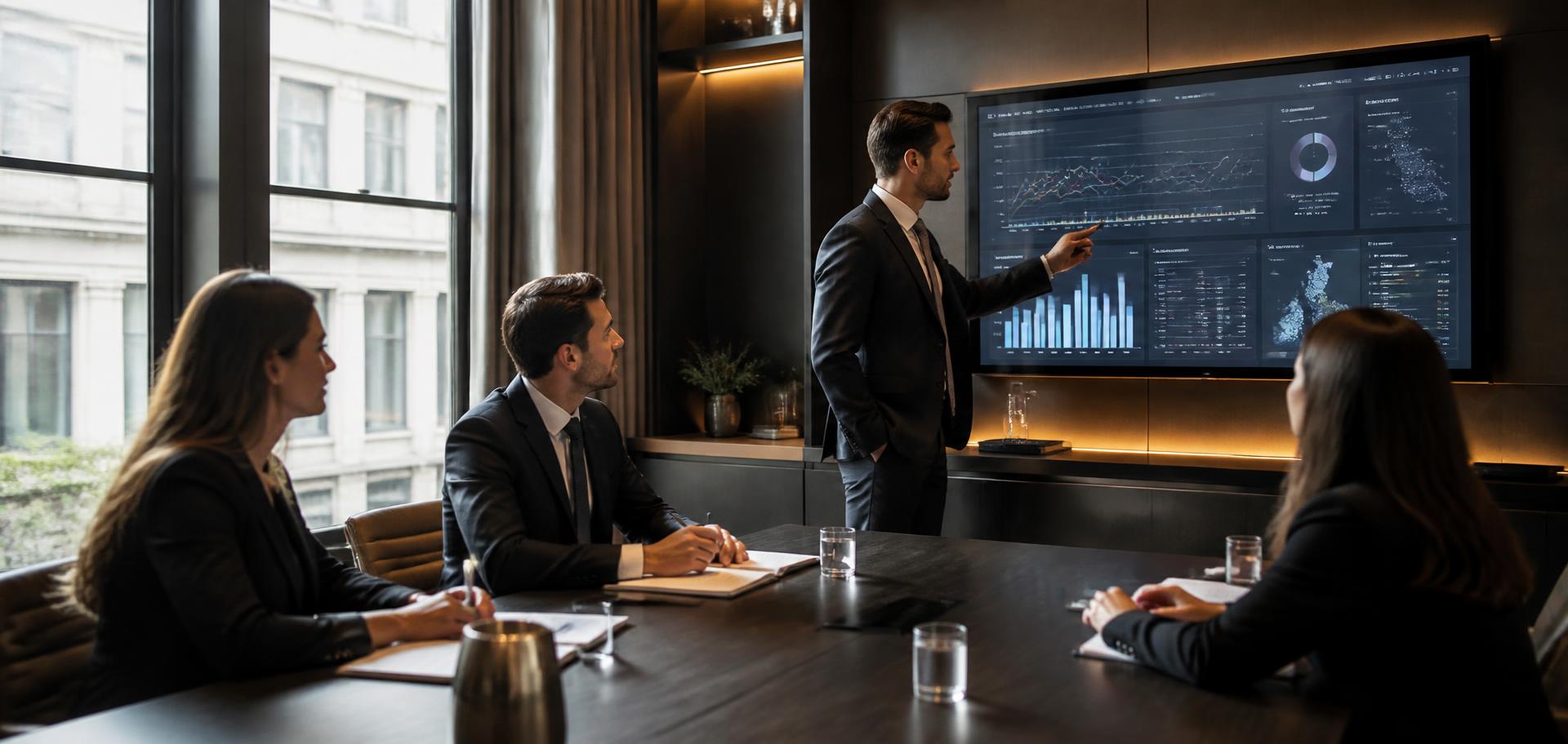 A law firm leadership team reviewing marketing intelligence on a large screen