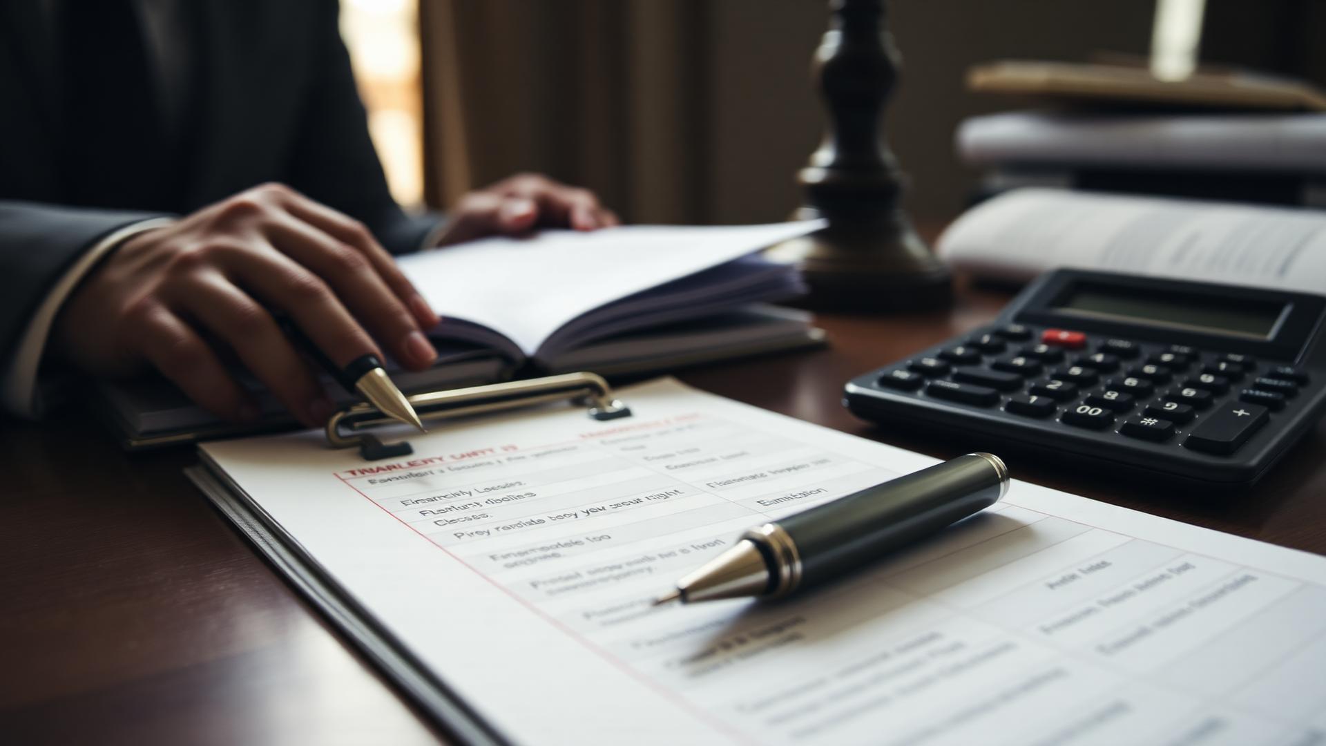 A solicitor reviewing spend figures with a pen and calculator on a desk